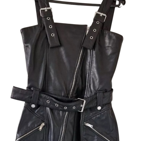 ZARA Real Leather Black Overall Mini Dress – Size L New - Picture 2 of 7